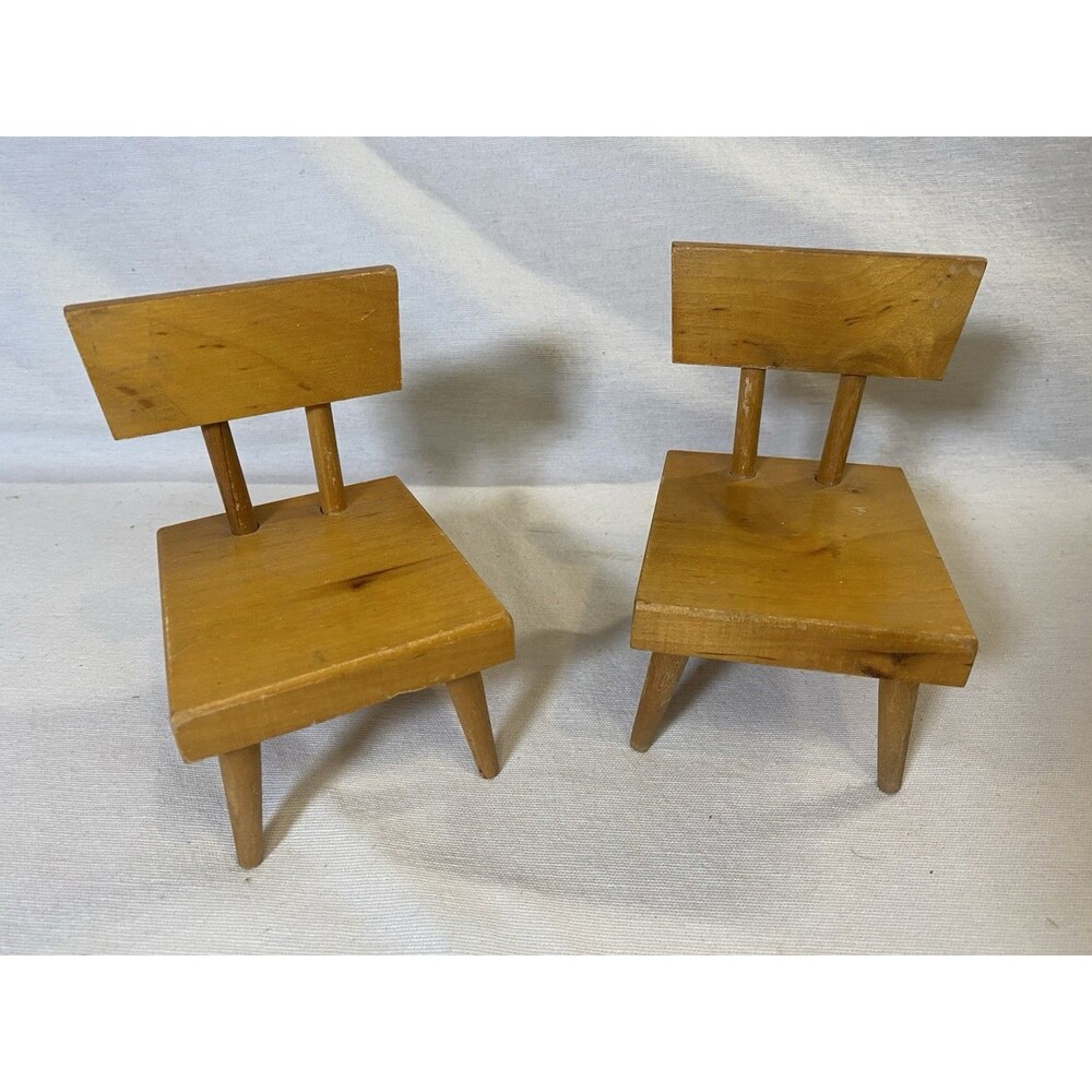 Vintage Handmade Wooden Miniature Chairs Pair Signed Noel Ma. Or Mo. Folk Art